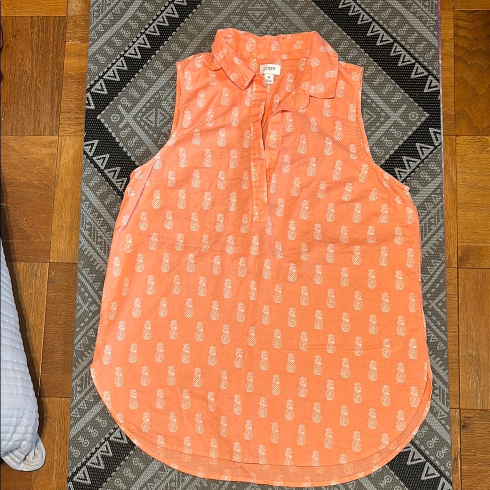 J. Crew Collared Deep V Coral Sleeveless Top with Pineapples Sz M